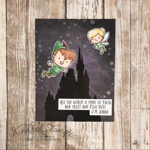 #thefrolickingfairy #kindredstamps #pixiedust #fairy #fly #takeflight #castle #magicalcastle #silhouette #jmbarrie #nevergrowup #faithtrustpixiedust #alcoholmarkers #spectrumnoir #cardmaker #cardmaking #cardmakersofinstagram