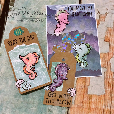 #thefrolickingfairy #kindredstamps #seastheday #seahorse #underthesea #keepswimming #gowiththeflow #kraft #gifttags #glitter #paperpiecing #youmakemyheartswim #ocean #oceancurrents #dreamingofsummer #cardmaking #cardmaker #alcoholmarkers #papercraft