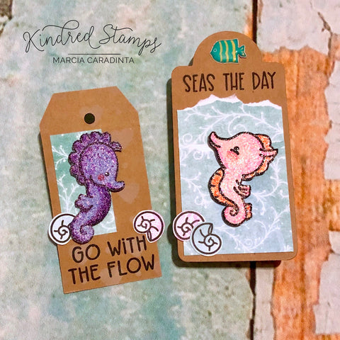 #thefrolickingfairy #kindredstamps #seastheday #seahorse #underthesea #keepswimming #gowiththeflow #kraft #gifttags #glitter #paperpiecing #youmakemyheartswim #ocean #oceancurrents #dreamingofsummer #cardmaking #cardmaker #alcoholmarkers #papercraft