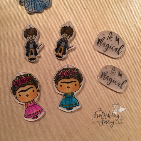 #thefrolickingfairy #kindredstamps #wizardfriends #fridakahlo #charms #handmadejewelry #shrinkydinks #handmade #harrypotter #bemagical #unibrow