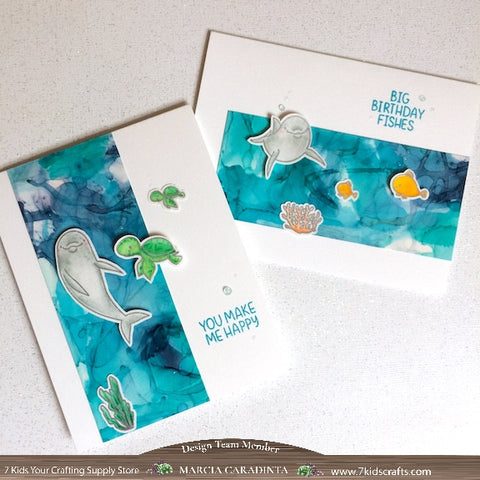 #thefrolickingfairy #7kidscraftingsupplystore #mamaelephant #marinefriends #dolphins #seaturtles #turtles #sealife #ocean #birthday #alcoholink #tutorial #video #livevideo #watercolor #mamaelephanttopcardcontest #casology #cardchallenge #summer #papercraft #cardmaker #handmade