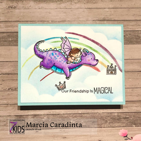 #thefrolickingfairy #7kidscustomerscreate #mftstamps #magicalfriends #birdiebrown #dragon #dragonrider #magicalfriendship #karinmarkers #watercolor #imagination #facebooklive #cardmaking #cardmaker #cardmakersofig #pfstudios #funkyrainbow #rainbow #stencil