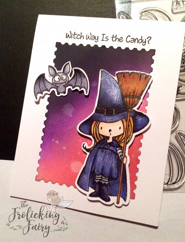 #thefrolickingfairy #mftstamps #distressoxideink #witchwayisthecandy #halloween #witch #bat