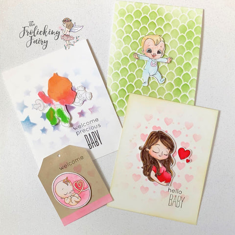 #thefrolickingfairy #mmedelillustrations #hellobaby #baby #pregnancy #pregnant #inthewomb #littlebaby #babygirl #welcomebaby #watercolor #stencils #kindredstamps #handmade #papercraft #cardmaking #cardmaker #kidscreate #craftingwithkids