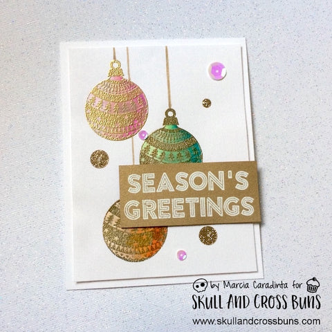 #thefrolickingfairy #skullandcrossbuns #greyrubberstamps #rubberstamping #christmas #baubles #seasonsgreetings #cas #cleanandsimple #embossing #copiccoloring #christmascard #handmade