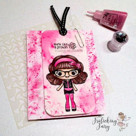 #thefrolickingfairy #stampanniething #taylor #thinklikeaproton #alwaysbepositive #optimist #nerd #nerdgirl #bookmark #watercolor #arteza #realbrushpens #nuvo #shimmerpowder #tonicstudiosusa #tonicstudios #dryembossing #cherrybomb #prettyinpink #prettynerdy #papercraft #handmade