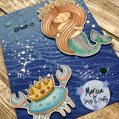 #thefrolickingfairy #sassyandcrafty.co #mermaid #salty #saltybutsweet #bluecrab #mermaidtailsstencil #distressoxide #glossspray #dinawakley #seaspray #stencil #inkblending #enameldots #shello #cardmaker #cardmaking #cardmakersofinstagram #summercards #papercrafting #papercrafter #funinthesun