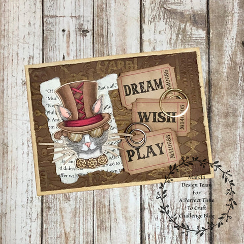 #thefrolickingfairy #apttc #aperfecttimetocraft #challengeblog #cardchallenge #sheepskidesigns #bartholomew #steampunk #steampunkpet #cat #googles #tophat #timholtz #ephemera #tickets #embossing #spectrumnoir #alcoholmarkers #cardmaker #cardmaking #cardmakersofinstagram