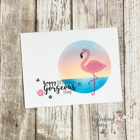 #thefrolickingfairy #sugarpeadesigns #mixitupchallenge #cardchallenge #sketchchallenge #letsflamingle #flamingo #gorgeousthing #happybirthday #cas #cleanandsimple #distressoxide #inkblending #tropical #cardmaker #cardmaking #cardmakersofinstagram #tropiclikeitshot