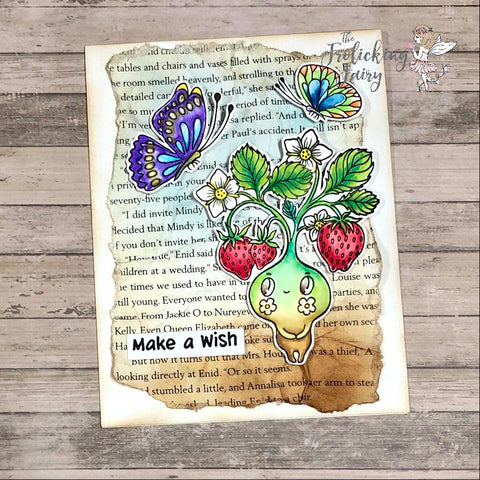 #thefrolickingfairy #waffleflowercrafts #letlovegrow #waffleflower #strawberry #plantpeople #sprite #butterflies #mixedmedia #bookpage #watercolor #karinmarkers #whimsical #whimsy #rainbowcolors #colorsoftherainbow #paintarainbow #cardchallenge #waffleflowergarden #cardmaker #cardmaking #cardmakersofinstgram