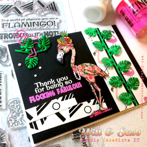 #thefrolickingfairy #wittandsassstampco #tropiclikeitshot #flamingo #flockingfabulous #tropical #pineapple #layeringstencil #tropicalleaves #foiling #thermoweb #flipflops #mixeddrinks #copiccoloring #miamivice #ilovethe80s #popofpink #handmadecards