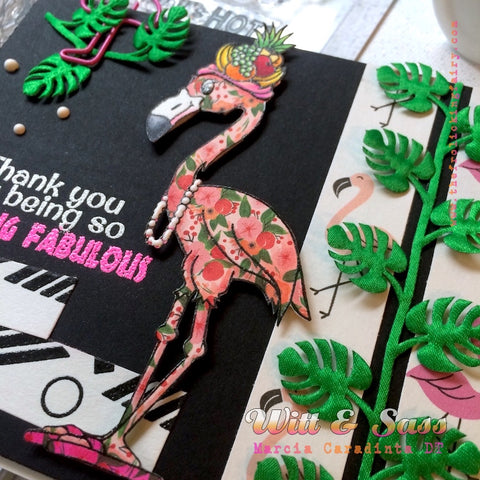 #thefrolickingfairy #wittandsassstampco #tropiclikeitshot #flamingo #flockingfabulous #tropical #pineapple #layeringstencil #tropicalleaves #foiling #thermoweb #flipflops #mixeddrinks #copiccoloring #miamivice #ilovethe80s #popofpink #handmadecards