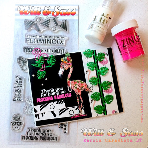 #thefrolickingfairy #wittandsassstampco #tropiclikeitshot #flamingo #flockingfabulous #tropical #pineapple #layeringstencil #tropicalleaves #foiling #thermoweb #flipflops #mixeddrinks #copiccoloring #miamivice #ilovethe80s #popofpink #handmadecards