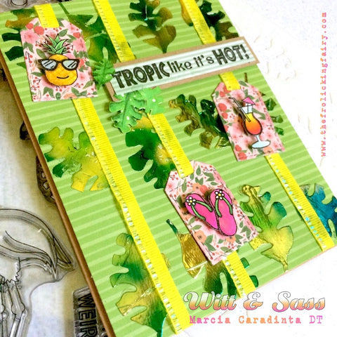 #thefrolickingfairy #wittandsassstampco #tropiclikeitshot #flamingo #flockingfabulous #tropical #pineapple #layeringstencil #tropicalleaves #foiling #thermoweb #flipflops #mixeddrinks #copiccoloring #miamivice #ilovethe80s #popofpink #handmadecards