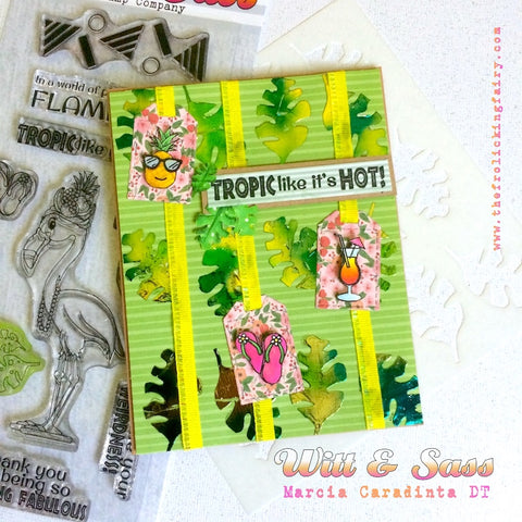 #thefrolickingfairy #wittandsassstampco #tropiclikeitshot #flamingo #flockingfabulous #tropical #pineapple #layeringstencil #tropicalleaves #foiling #thermoweb #flipflops #mixeddrinks #copiccoloring #miamivice #ilovethe80s #popofpink #handmadecards