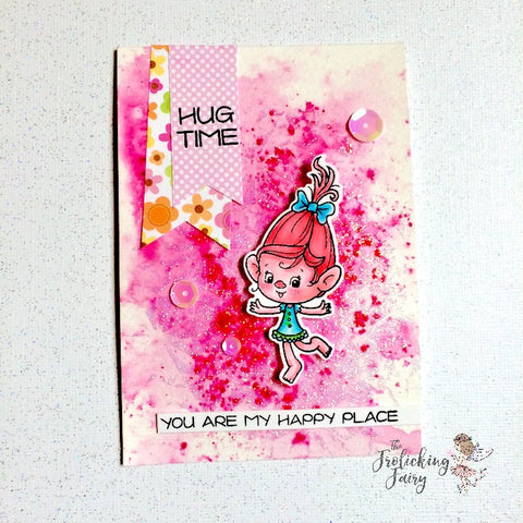 #thefrolickingfairy #yournextstamp #insanelyhappy #trolls #hugtime #happyplace #watercolor #arteza #realbrushpens #tonicstudios #tonicstudiosusa #nuvo #shimmerpowder #glimmerpaste #popofpink #handmade