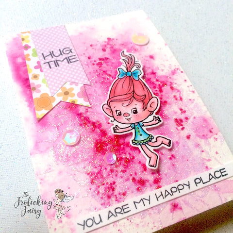 #thefrolickingfairy #yournextstamp #insanelyhappy #trolls #hugtime #happyplace #watercolor #arteza #realbrushpens #tonicstudios #tonicstudiosusa #nuvo #shimmerpowder #glimmerpaste #popofpink #handmade