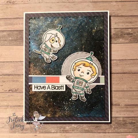 #thefrolickingfairy #sugarpeadesigns #toinfinityandbeyond #astronaut #cosmonaut #astrodog #outerspace #space #galaxy #coloredpencils #craftingwithkids #cardchallenge #sketchchallenge #arteza #metallicacrylicpaints #stargazer #haveablast #cardmaker #cardmaking #cardmakersofig