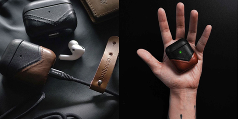 Leather Airpod cases beside Airpods and a leather watch strap