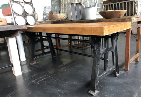 Butcher Block Table Top With Black Metal Base Antiquities Warehouse Of Grand Traverse