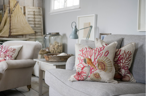 Lifestyle shot of Manderley cushions on a cream couch- Homewares-Cream Cornwall