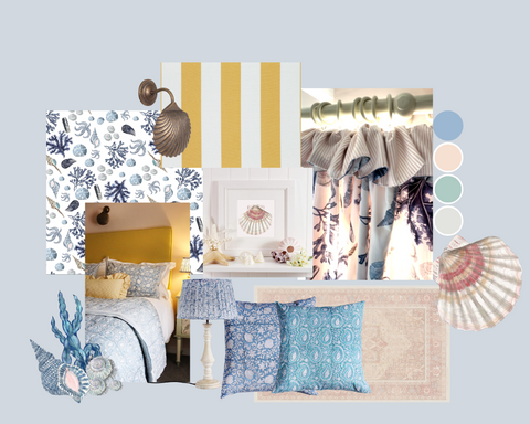 moodbarod created in Canva of Rebecca's spare room using Rockpool fabric as the inspiration