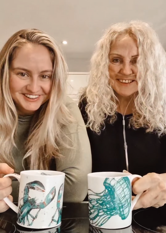 Sophie Price and her mum drinking from Cream Cornwall mug