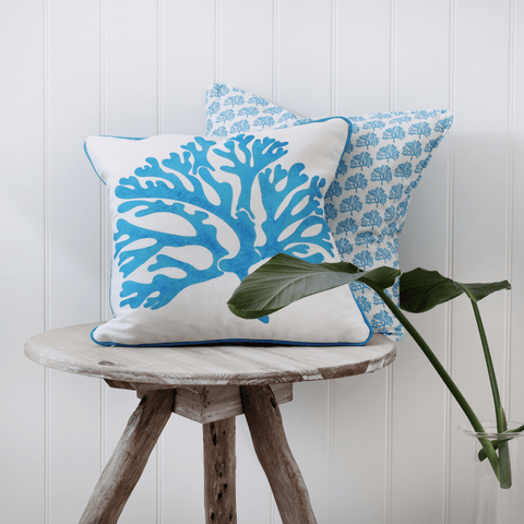 Unique Coral design linen cushions with reversible mini print for coastal inspired Hamptons homewares