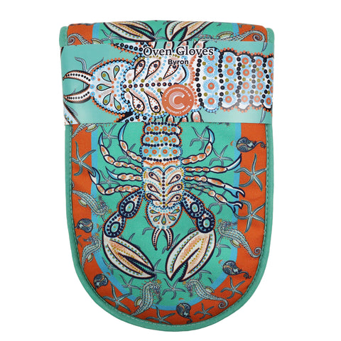 Front shot of Cream Cornwall Byron oven gloves in aqua and coral with lobster design