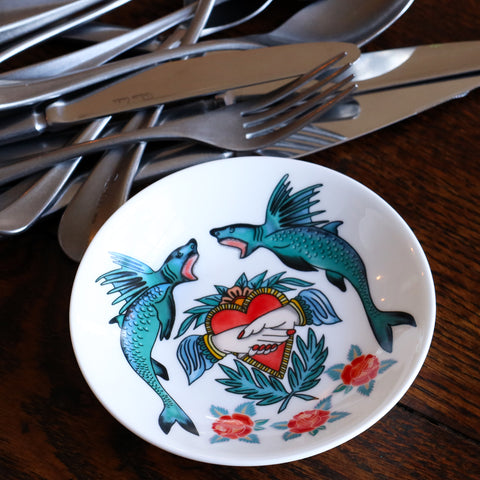 A nibbles dish from our Sailor's Story collection showcasing sharks and a traditional heart inspired by sailor's tattoos. Luxury and absolutely unique homewares.