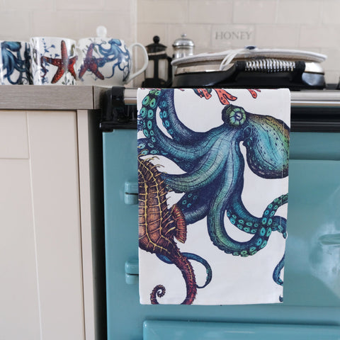 Reef tea towel Coastal Style Octopus Cream Cornwall