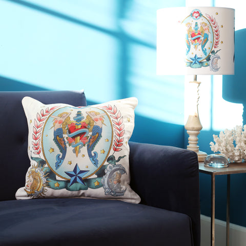 A cushion from our Sailor's Story collection showcasing beautiful mermaids inspired by sailor's tattoos. Luxury and absolutely unique homewares.