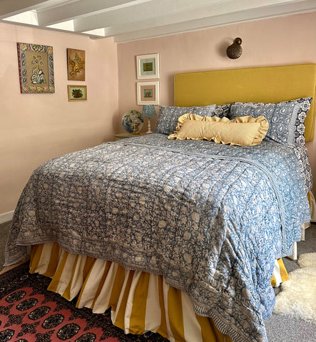 bedroom showing yellow stripe valance from Kemble collection