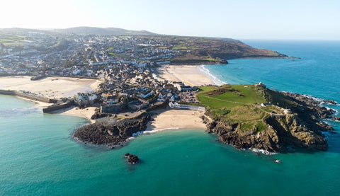 Image of St Ives from above showing the town and beaches