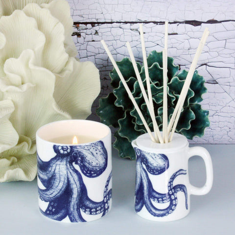 Storm Brewing Octopus Reed Diffuser in Blue and White Bone China