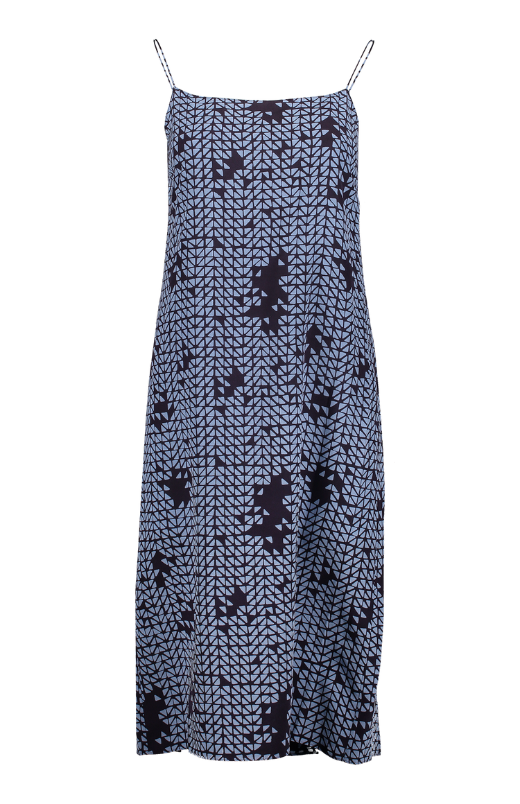 THEORY | Smocked Slip Dress In Geometric Silk Crepe In Blue Multi