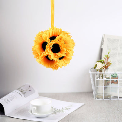 2 Pack | 7inch Artificial Sunflower Kissing Balls Hanging Silk Pomander Ball With Satin Ribbon Loops
