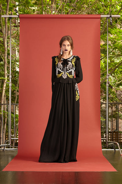 Cynthia Rowley Resort 2017 look 23 featuring a black yellow and white embroidered maxi long sleeve dress