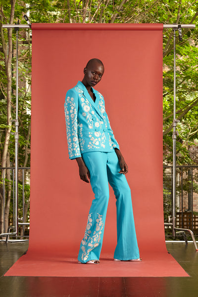 Cynthia Rowley Resort 2017 look 24 featuring a bright blue with white embroidery blazer and pants