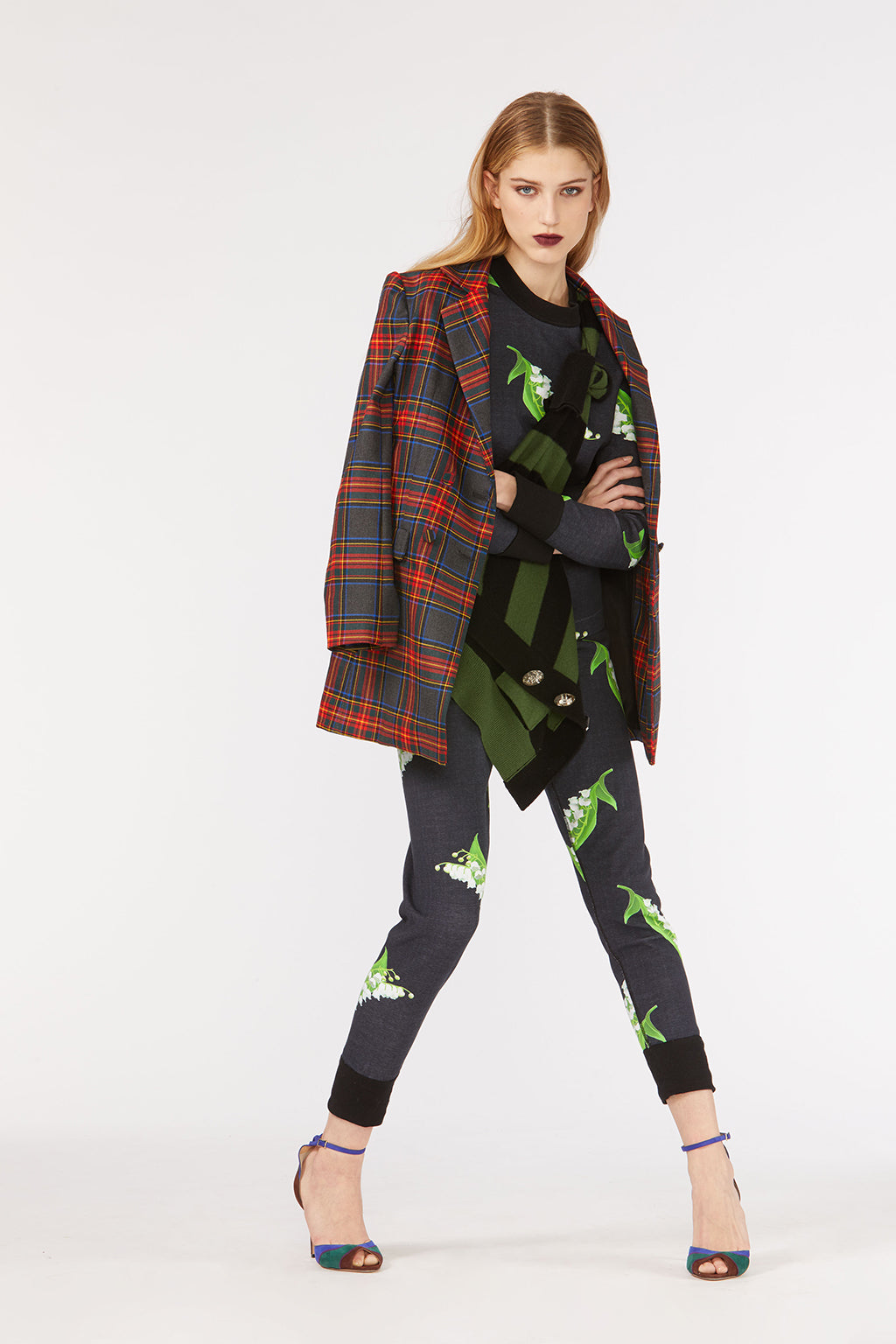 Cynthia Rowley Fall 2018 look 25 featuring lily of the valley printed leggings and sweatshirt, and plaid blazer.