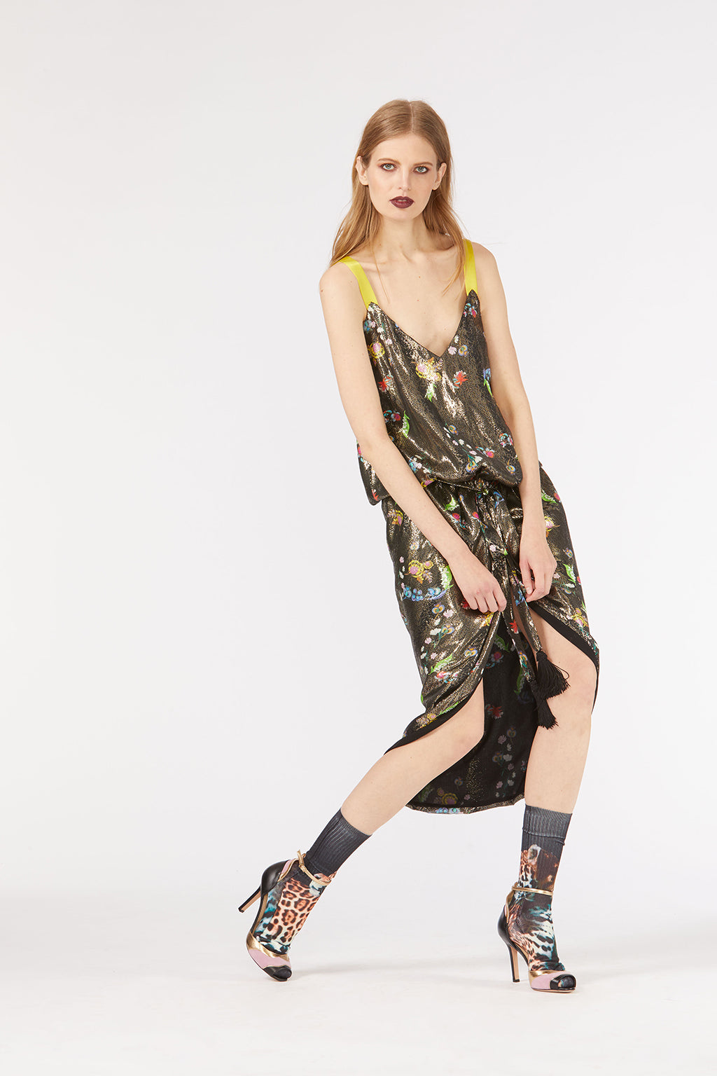 Cynthia Rowley Fall 2018 look 29 featuring a drop waist v-neck dress in metallic floral printed silk.