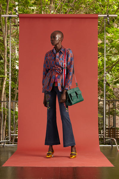 Cynthia Rowley Resort 2017 look 6 featuring a printed blazer and embroidered flare pants