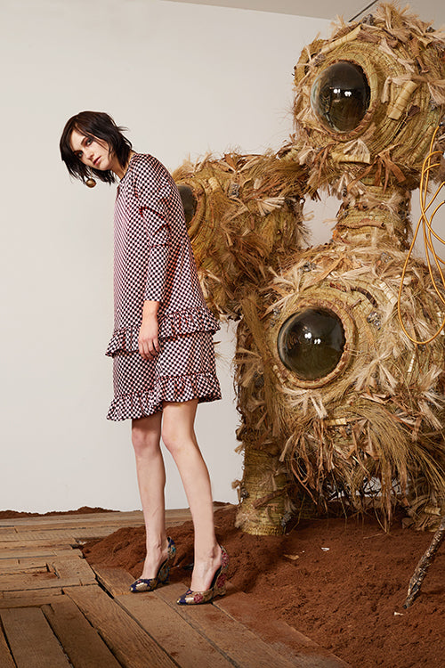 Cynthia Rowley Pre-Fall 2018 Look 9 featuring a long sleeve dress with double ruffle hem in printed silk