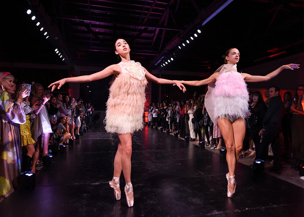 Los Angeles American Contemporary Ballet dancers performing in Cynthia Rowley Ostrich Feather Dresses.