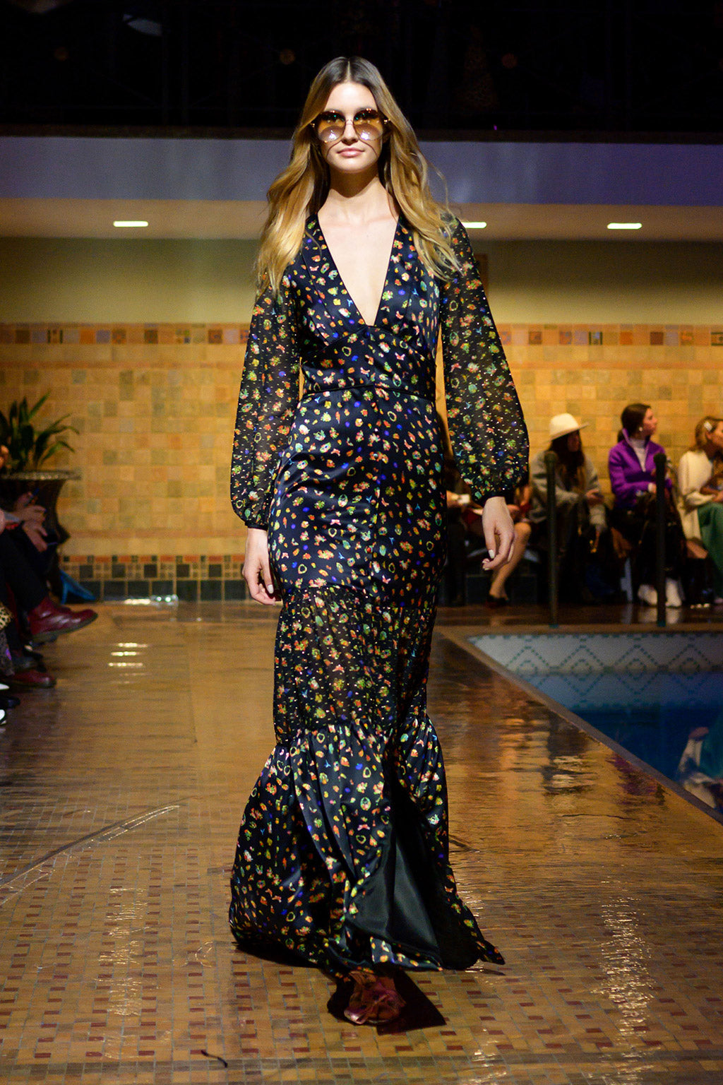 Cynthia Rowley Fall 2019 look 17 featuring a maxi dress with deep V-neck and long bell sleeves in a fruit print