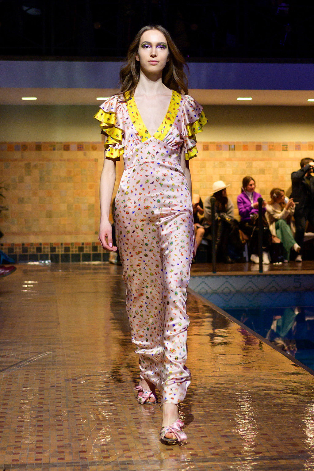 Cynthia Rowley Fall 2019 look 19 featuring a pink and yellow maxi dress with short sleeves with ruffles