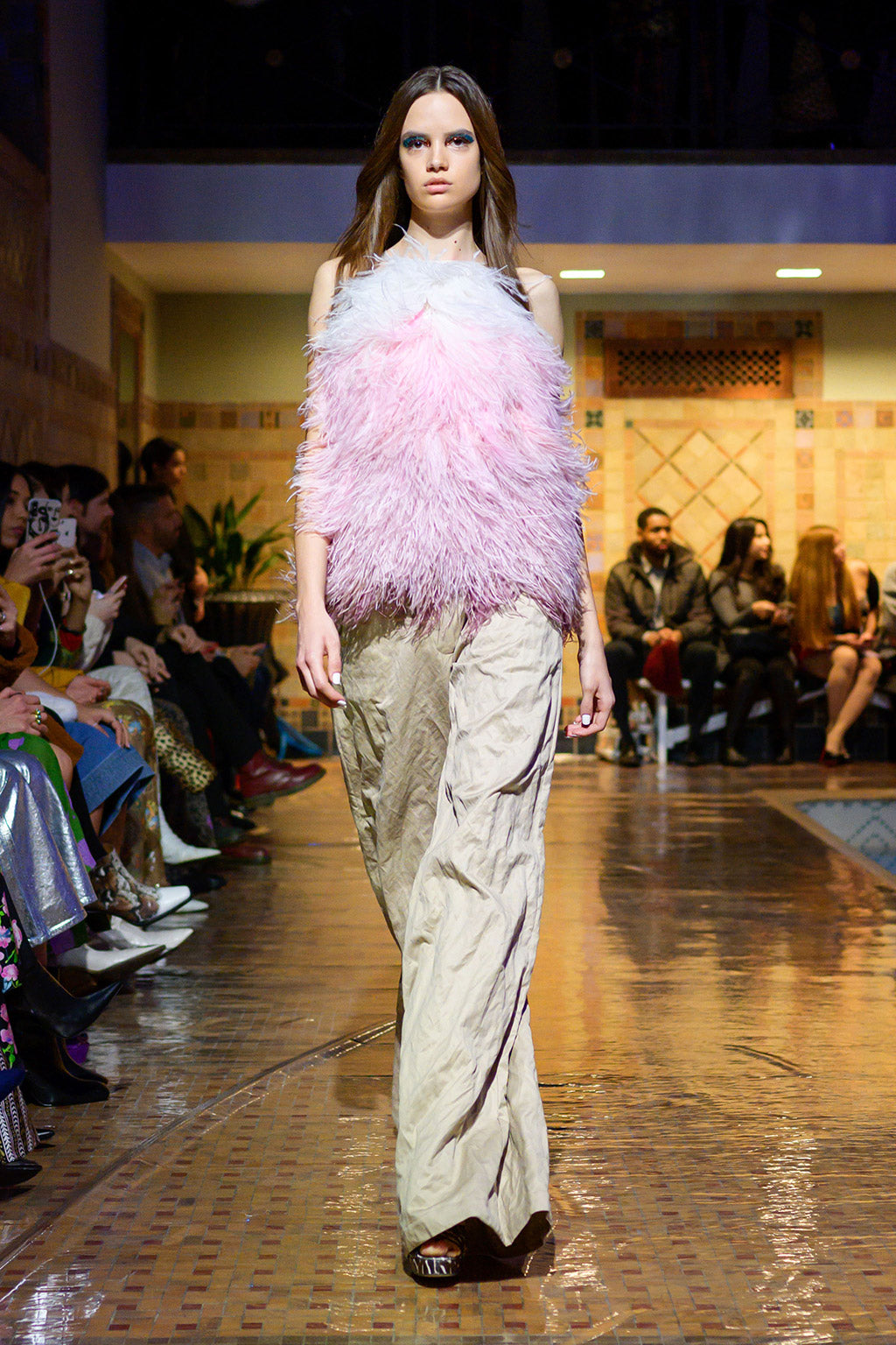 Cynthia Rowley Fall 2019 look 21 featuring a pink sleeveless top and wide leg beige pants