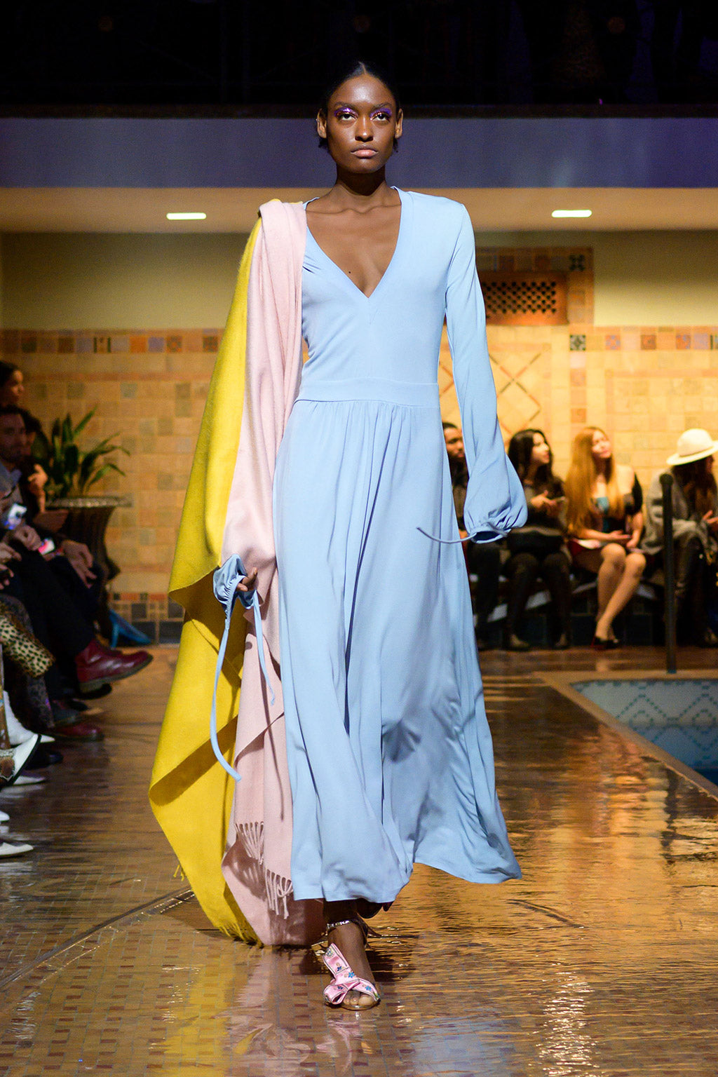 Cynthia Rowley Fall 2019 look 25 featuring a blue v-neck maxi dress with long sleeves