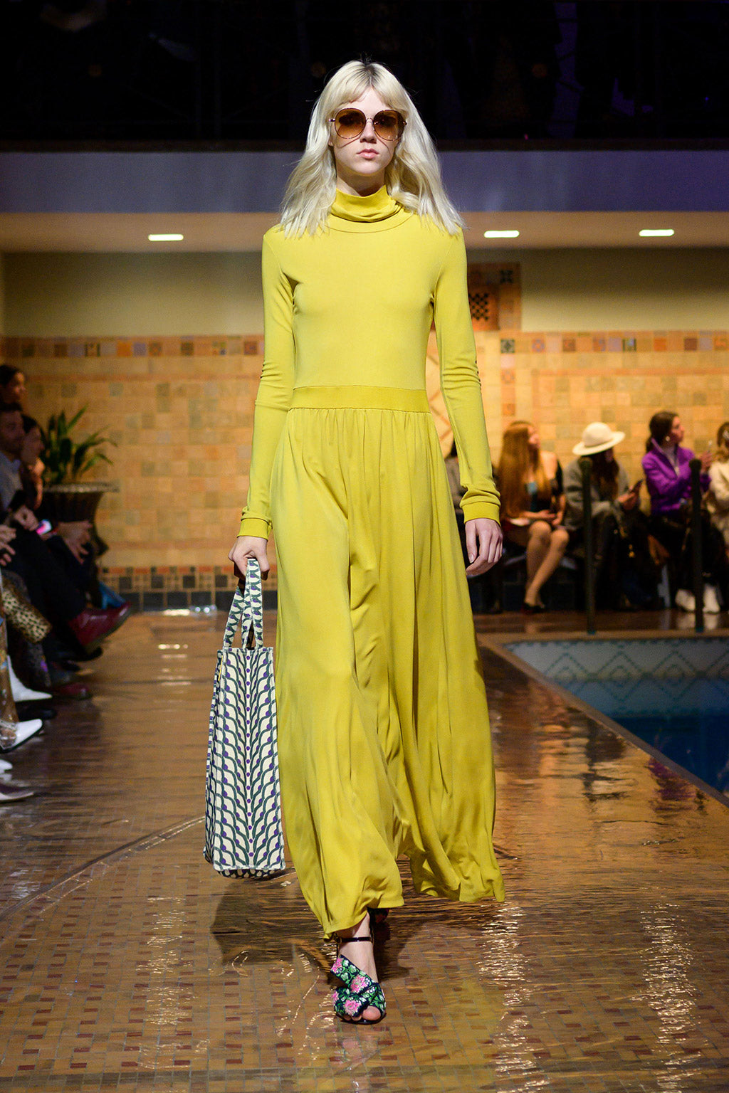 Cynthia Rowley Fall 2019 look 26 featuring a yellow long sleeve maxi dress with turtleneck