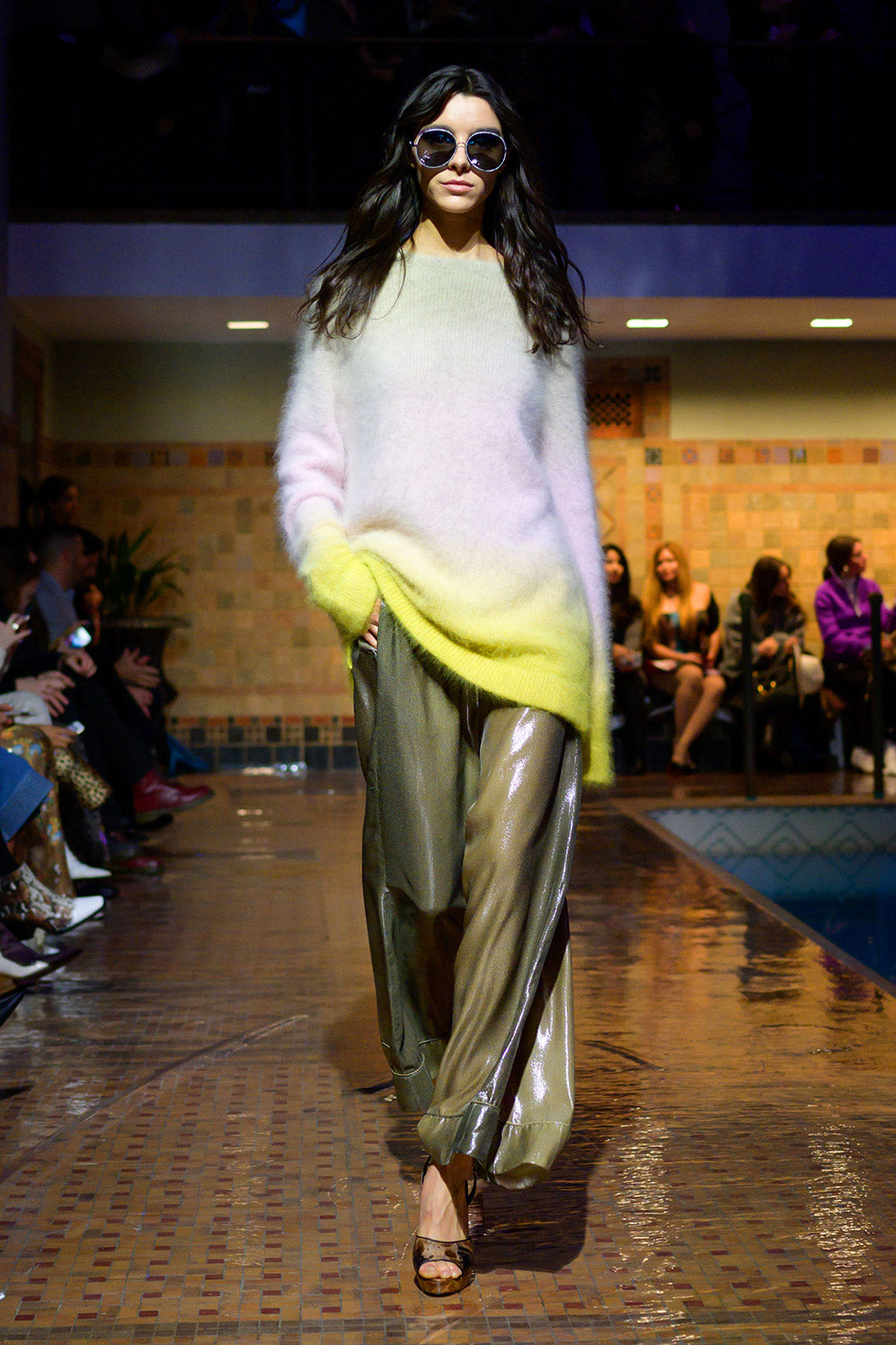 Cynthia Rowley Fall 2019 look 29 featuring an ombre sweater and metallic green wide leg pants